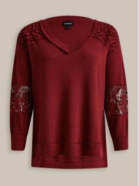 torrid wine red V-neck knit sweater with lace accents